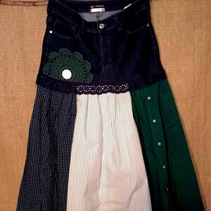 Upcycled Lee Dark Blue and Green Patchwork Midi Skirt